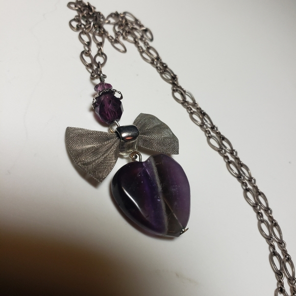 Vintage Amethyst Heart with Silver Mesh Bow Necklace on Sterling - Picture 10 of 14